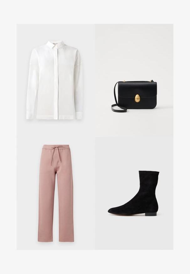 Λευκό πουκάμισο με μακριά μανίκια και κουμπωτό γιακά, λεία υφή, ίσια γραμμή και κρυφό κουμπί. Μαλακό, ελαφρύ ύφασμα χωρίς σχέδια.; Φόρμες σε απαλό ροζ ύφασμα, με κορδόνι στη μέση, φαρδύ σχέδιο, και ίσια τελειώματα με λεπτές ραφές.; Μαύρη σουέντ ankle boot με εφαρμοστό άξονα, μυτερή μύτη και χαμηλό τετράγωνο τακούνι. Λείο υλικό και μινιμαλιστικός σχεδιασμός, κατάλληλη για πολυάριθμους συνδυασμούς.; Μαύρη δερμάτινη τσάντα με δομημένο ορθογώνιο σχήμα. Διαθέτει χρυσό οβάλ κούμπωμα και λεπτό λουρί ώμου. Λείος υφάνισμα.