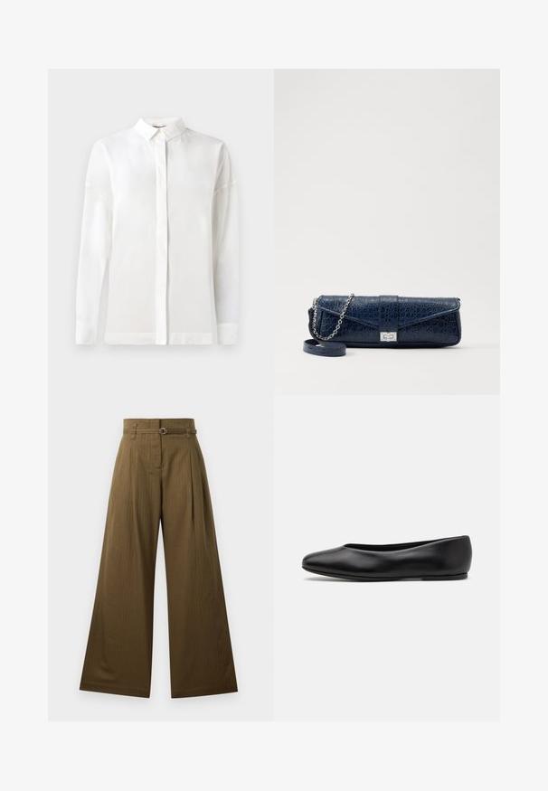 White long-sleeve shirt with a buttoned collar, smooth texture, straight cut, and hidden placket. Soft, lightweight fabric with no patterns.; Wide-leg trousers in olive green fabric, featuring a high waist, front pleats, and a silver circular belt buckle detail. Smooth texture.; Paul Smith TOPANGA - Ballet pumps - black; Navy blue leather clutch with a crocodile texture, silver chain strap, and metallic clasp. Rectangular shape with foldover design.