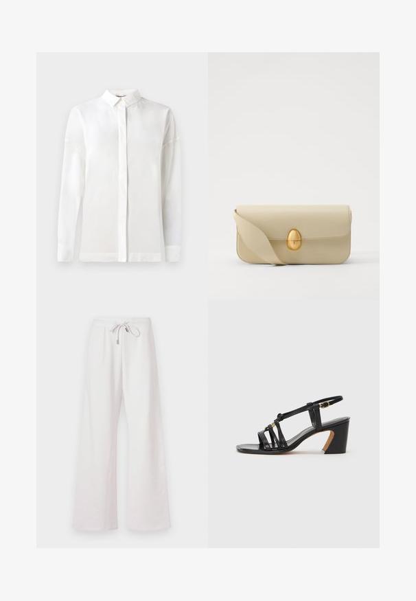Fehér, hosszú ujjú ing, gombos gallérral, sima textúrával, egyenes szabással és rejtett gombolással. Puha, könnyű anyag, minták nélkül.; Világos rózsaszín, bő szárú melegítőnadrág, állítható derékkal, puha anyagból készült; sima textúrával rendelkezik, és nincsenek rajta látható minták vagy nyomtatások.; Paul Smith AMIRA - Klasszikus sarkú cipők - black; Beige bőrtáska sima textúrával, téglalap alakban, arany ovális zárral. Hosszú, állítható pánttal rendelkezik.