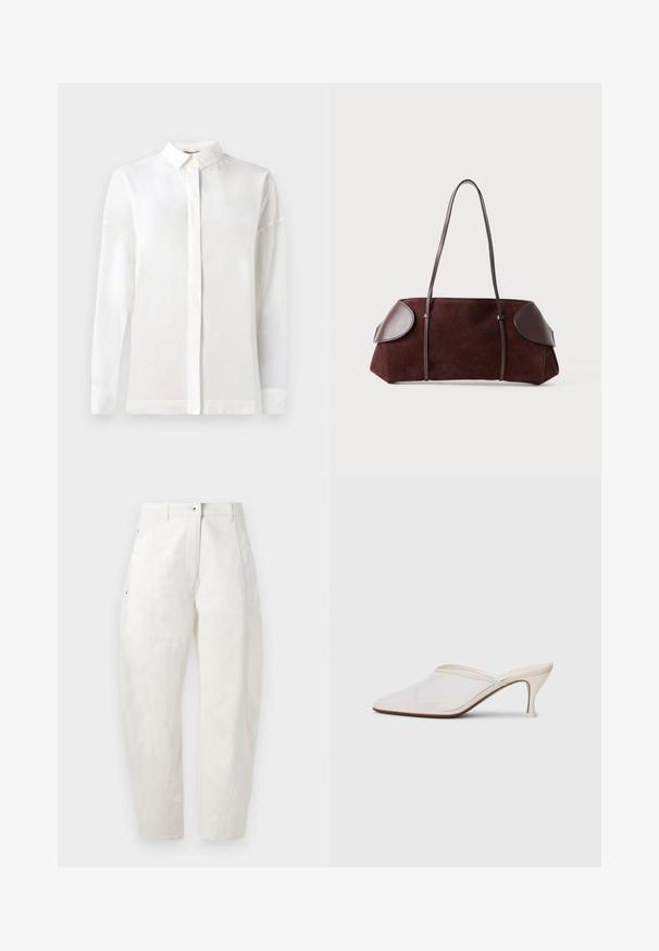 White long-sleeve shirt with a buttoned collar, smooth texture, straight cut, and hidden placket. Soft, lightweight fabric with no patterns.; White cotton trousers with a relaxed fit, featuring a button closure, side pockets, and subtle stitching details along the seams.; White mesh pointed-toe mule with a slim mid-height heel and slip-on design against a plain background.; Brown suede bag with leather accents, structured shape, dual shoulder straps, and rounded edges, featuring a smooth texture and minimal hardware.