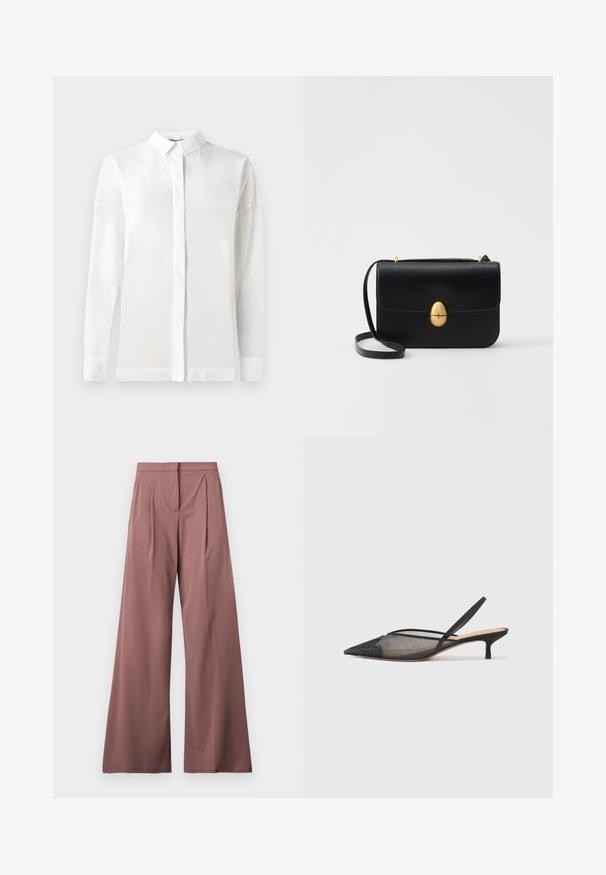 White long-sleeve shirt with a buttoned collar, smooth texture, straight cut, and hidden placket. Soft, lightweight fabric with no patterns.; Wide-leg trousers in a muted rose color, made from smooth fabric with front pleats and a single side pocket. Simple, elegant design.; NEOUS IRENA - Classic heels - black; Black leather handbag with a structured rectangular shape. Features a golden oval clasp and a thin shoulder strap. Smooth texture.