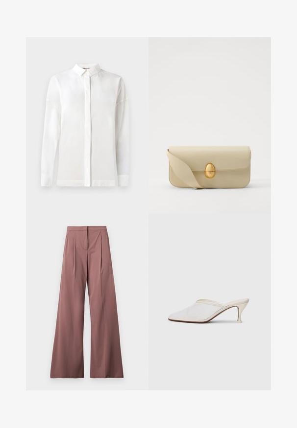 White long-sleeve shirt with a buttoned collar, smooth texture, straight cut, and hidden placket. Soft, lightweight fabric with no patterns.; Wide-leg trousers in a muted rose color, made from smooth fabric with front pleats and a single side pocket. Simple, elegant design.; White mesh pointed-toe mule with a slim mid-height heel and slip-on design against a plain background.; Beige leather handbag with a smooth texture, rectangular shape, and a golden oval clasp. Features a long, adjustable strap.