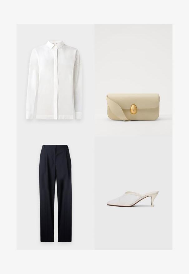White long-sleeve shirt with a buttoned collar, smooth texture, straight cut, and hidden placket. Soft, lightweight fabric with no patterns.; OFFICINE GENERALE NEW SOPHIE FRESCO - Trousers - dark navy; White mesh pointed-toe mule with a slim mid-height heel and slip-on design against a plain background.; Beige leather handbag with a smooth texture, rectangular shape, and a golden oval clasp. Features a long, adjustable strap.
