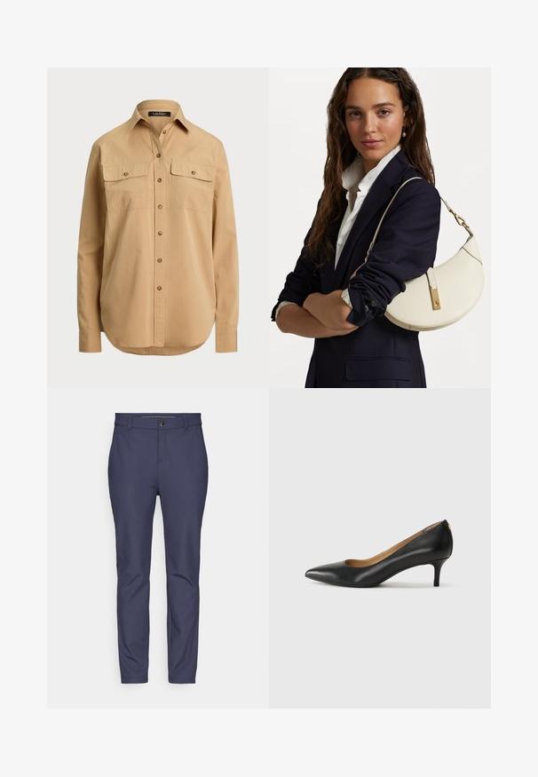 Bež srajca s kratkimi rokavi in klasičnim ovratnikom, s dvema žepoma na prsih in zaobljenim robom. Narejena iz lahkega materiala z gladko teksturo.; Mornarsko modri hlače iz raztegljive tkanine z gladko teksturo, z običajnim pasom in zapenjanjem na gumb ter zoženimi nogami.; Črne usnjene črpalke s koničastim nosom, nizko peto in gladko teksturo. Imajo rahlo odprtino spredaj in minimalno opremo zadaj.; Bela usnjena torbica s ukrivljeno obliko, z zlatimi dodatki in teksturirano površino, nošena čez temen blazer in belo srajco.