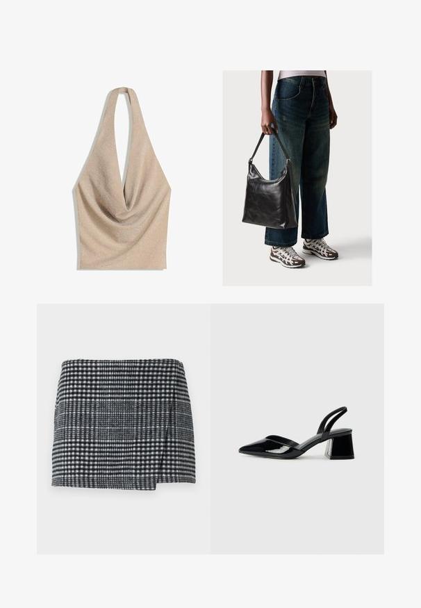 Bézs színű, nyakba akasztós top drapírozott, csepp szabású nyakkivágással és puha, csillogó anyagtextúrával.; Gyapjú mini szoknya fekete-fehér kutyafog mintával, egyenes szabással és enyhén aszimmetrikus alsó résszel, texturált anyagból.; Fekete lakk bőr szandálkés magas sarkú cipő, hegyes orral és geometrikus tömbsarkakkal. Karcsú, minimalista dizájn és sima textúra jellemzi.; Fekete bőr válltáska sima textúrával és állítható pánttal, melyet elnyűtt, bő szárú farmernadrággal és sportcipőkkel párosítottak.