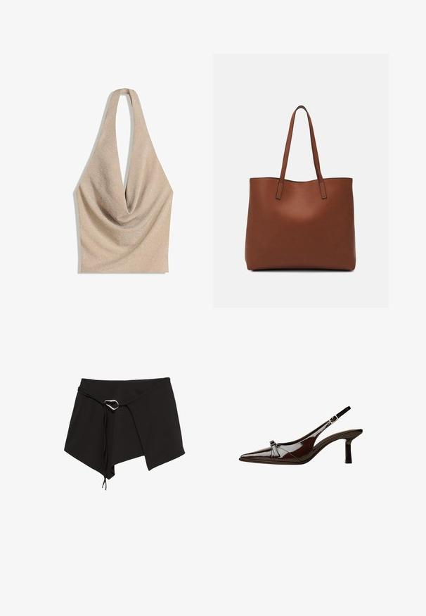 Beige halter neck top met een gedrapeerde couvneckline en een zachte, glanzende stoftextuur.; Zwarte wikkelrok gemaakt van zacht materiaal, met een diagonale snit, verstelbare strik met een zilverkleurig hardwareaccent en een asymmetrische zoom.; Bruine gepatineerde leren slingback schoen met een spitse neus, lage hak en een decoratieve strikaccent aan de voorkant. Glad, glanzend oppervlak.; Bruine leren tote bag met een gladde textuur, een ontwerp met een open bovenkant en twee schouderbanden. Kenmerkt zich door minimale stiksels en geen zichtbare hardware.