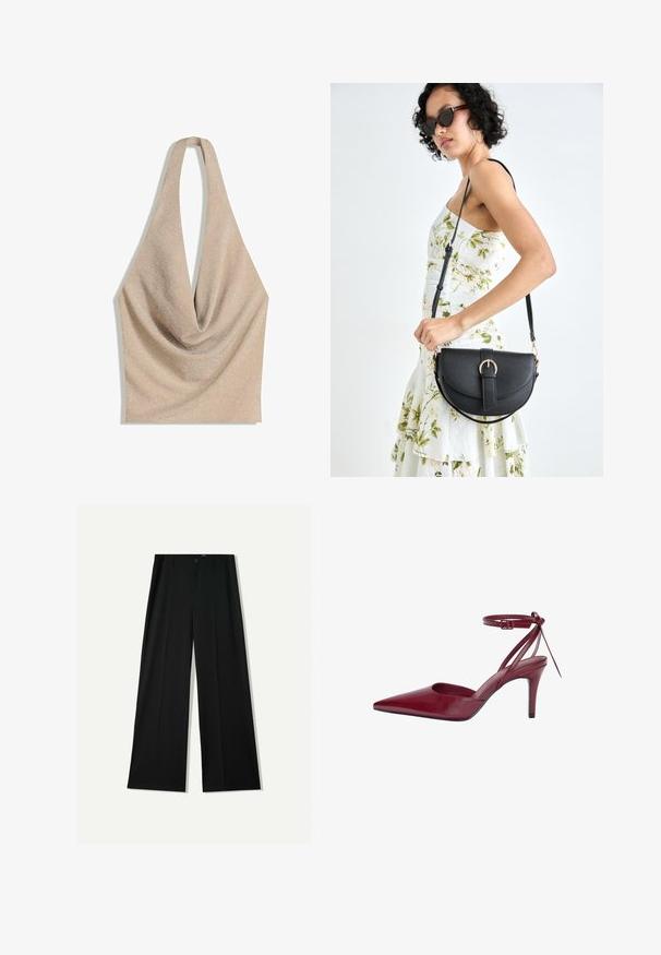 Beżowy top na szyję z odkrytymi ramionami, z drapowanym dekoltem i miękką, błyszczącą teksturą materiału.; Bershka WIDE czarny; Bordowa skórzana szpilka z ostro zakończonym noskiem, otwartymi bokami i paskiem na kostkę. Charakteryzuje się eleganckim designem i gładką teksturą.; Czarna skórzana torebka o zakrzywionym kształcie, z odpinanym paskiem i złotymi akcentami. Torebka posiada klapę z zapięciem w kształcie klamry.