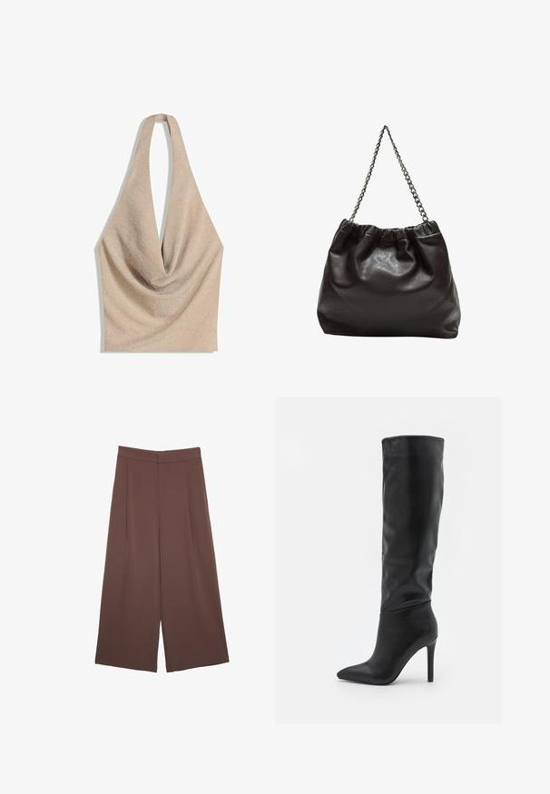 Top beige con scollatura a halter, con un colletto drappeggiato e una morbida texture di tessuto lucido.; Pantaloni ampi marroni con una texture liscia, caratterizzati da una vita alta e pieghe frontali. Il tessuto è leggero e scorre liberamente.; RAID TALISHA - Stivali alti - black; Borsa in pelle marrone con parte superiore arricciata e tracolla a catena. Texture liscia con finitura lucida e dettagli di cucitura sottili sui lati.