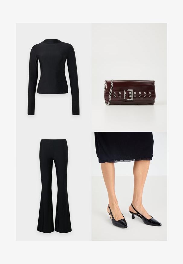 Crna dugosleeve majica od glatkog tekstila, s perforiranim uzorkom po cijeloj površini i jednostavnim okruglim izrezom.; Crne široke hlače izrađene od lagane tkanine, s blagim perforiranim uzorkom. Silueta je uska oko bedara, a dolje se širi.; Crne patentne kožne štikle s remenčićem, šiljastim vrhom, i izrezima sa strane. Glatka tekstura s sjajnim finišem.; Bordo clutch od umetne kože s srebrnim lančićem, s dizajnom kopče i metalnim okovima duž prednje strane za dodatne detalje.