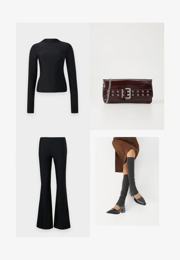 Black long-sleeve top made of smooth textile, featuring a perforated pattern throughout and a simple round neckline.; Black flared trousers made of lightweight fabric, featuring a subtle perforated pattern. The silhouette is fitted through the thigh, flaring at the bottom.; Black patent leather pointed-toe shoes with a block heel and ankle strap, paired with gray ribbed leg warmers and a brown suede skirt.; Burgundy faux leather clutch with a silver chain strap, featuring a buckle design and metal eyelets across the front for added detail.