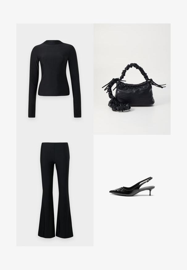 Black long-sleeve top made of smooth textile, featuring a perforated pattern throughout and a simple round neckline.; Black flared trousers made of lightweight fabric, featuring a subtle perforated pattern. The silhouette is fitted through the thigh, flaring at the bottom.; Black leather slingback heels with a pointed toe, small kitten heel, and a decorative knot detail on the front. Smooth texture throughout.; Black faux leather handbag with a crocodile texture, cinched top, and a scrunched strap. Appears soft and compact in design.