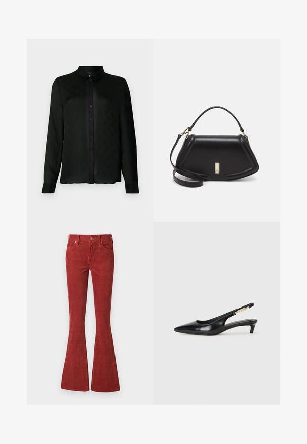 Chemise noire à manches longues, à boutons, avec un col, arborant un motif texturé subtil et des boutons noirs le long de la patte de boutonnage.; Des jeans en velours côtelé rouge évasés présentent une taille haute, une fermeture par bouton sur le devant et deux poches. Le tissu a une finition texturée avec des rayures verticales.; Talons hauts en cuir noir avec un bout pointu, dotés d'un talon fin et d'un accent en ton or sur la lanière réglable. Texture lisse.; Sac à main en cuir noir avec un design structuré, featuring une forme cropped, une poignée supérieure et des accents en matériel doré. Bandoulière réglable incluse.