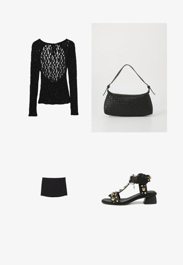 Musta pitkähihaista paita, jossa on teksturoitu, avoin neulekuvio, leveä pyöreä pääntie ja solmittava suljenta takana.; Musta minihame, joka on valmistettu sileästä, joustavasta kankaasta; siinä on suora leikkaus, huomaamaton helma ja ei näkyviä kiinnittimiä tai kuvioita.; Musta sandaali paksujen kultasomisteiden kanssa, T-nauha-muotoilu ja leveä nilkkasoljitus. Matala, palkeellinen korko, jossa on tekstuuritietoa.; Mustan kudotun olkalaukun, jossa on sileä nahkahihna ja vetoketjukiinnitys. Mahdollistaa teksturoituneen pinnan ja kaarevan muodon.