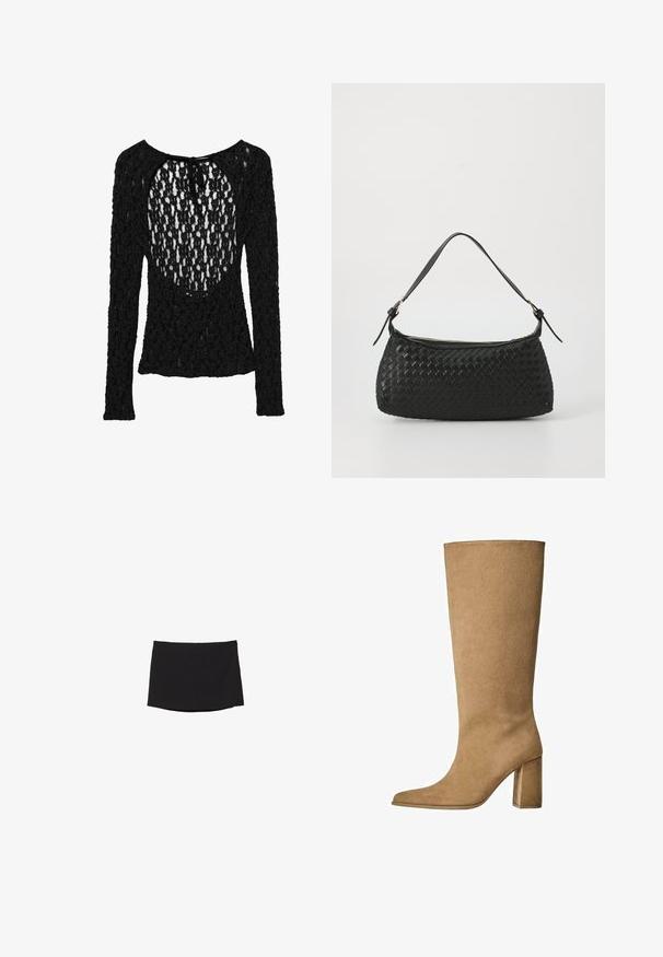 Maglietta nera a maniche lunghe con un design in maglia aperta e testurizzata, caratterizzata da un ampio scollo a barchetta e una chiusura a fiocco sul retro.; Minigonna nera realizzata in tessuto morbido e elasticizzato; presenta una linea dritta con un orlo discreto e senza chiusure o motivi visibili.; Stivale al ginocchio in suede beige con tacco a blocco, caratterizzato da una punta affusolata e una superficie liscia. Design minimalista senza decorazioni.; Borsa a spalla nera intrecciata con tracolla in pelle liscia e chiusura con zip. Presenta una superficie texturizzata e una forma curvata.