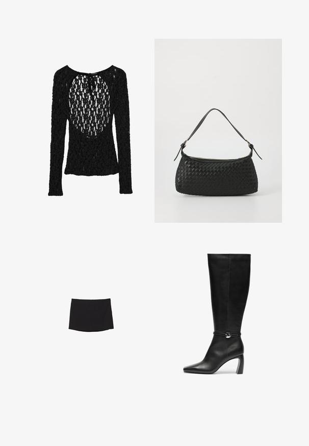 Schwarzes langärmliges Oberteil mit einem strukturierten, offenen Maschenmuster, das einen weiten Rundhalsausschnitt und eine Krawattenverschluss am Rücken aufweist.; Schwarzer Minirock aus glattem, dehnbarem Stoff; mit geradem Schnitt, subtilem Saum und ohne sichtbare Verschlüsse oder Muster.; Schwarze Lederkniehohe Stiefel mit spitzem Zeh und breitem Absatz. Sie verfügen über einen Riemen mit einem runden Akzentdetail am Knöchel.; Schwarze geflochtene Schultertasche mit einem glatten Ledertragegurt und Reißverschluss. Verfügt über eine strukturierte Oberfläche und eine gebogene Form.