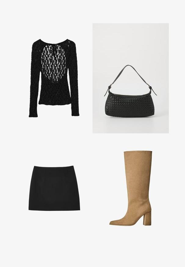Haut noir à manches longues avec un design en tricot texturé et ajouré, présentant un décolleté large en scoop et une fermeture à lien dans le dos.; Jupe mini noire en tissu lisse, avec des plis à l'avant, une coupe droite, sans motifs ni accents supplémentaires.; Botte en daim beige montant jusqu'au genou avec un talon carré, dotée d'un bout pointu et d'une texture lisse. Design minimaliste sans embellissements.; Sac à épaule tissé noir avec une bandoulière en cuir lisse et une fermeture éclair. Présente une surface texturée et une forme courbée.