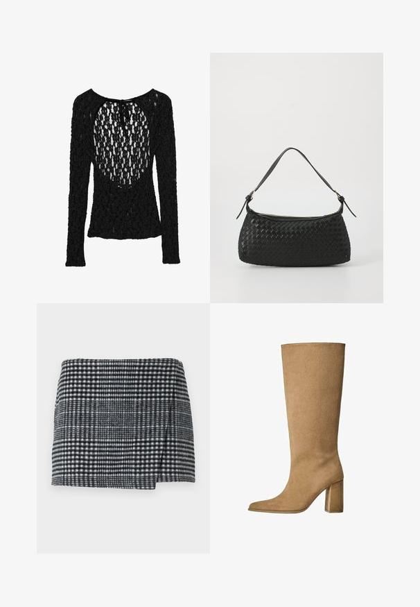 Sort langærmet top med et tekstureret, åbent strikket design, der har en bred scoop-udskæring og en snorelukning bagpå.; Uld mini nederdel med et sort og hvidt hundetandmønster, lige skæring med en let asymmetrisk kant og struktureret stof.; Tan ruskinds knæhøje støvler med blokhæle, der har en spids tå og en glat overflade. Minimalistisk design uden udsmykninger.; Sort vævet skuldertaske med en glat læderrem og lynlåslukning. Har en tekstureret overflade og en buet form.