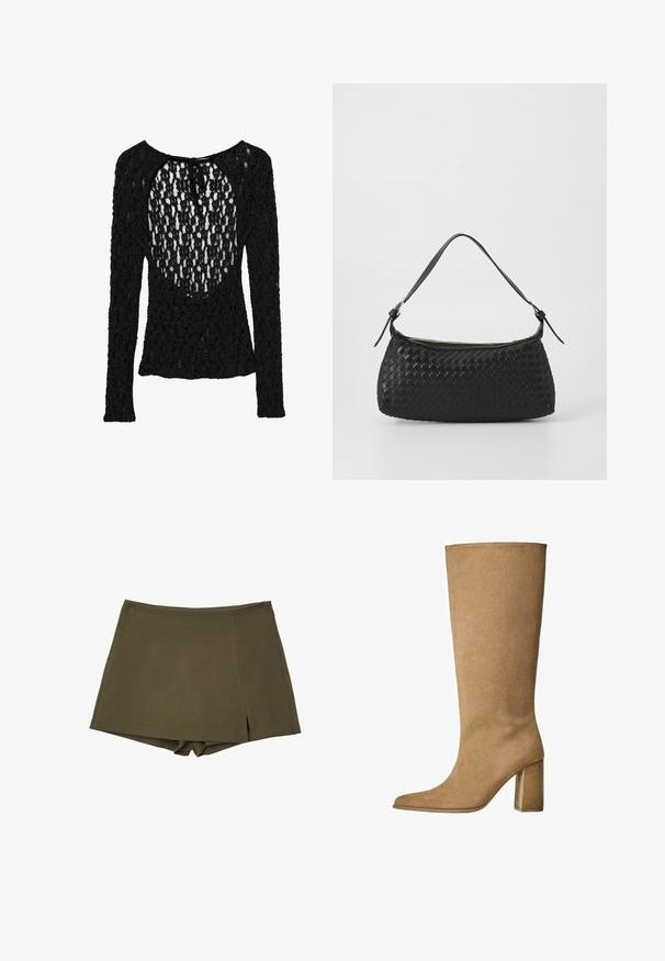 Schwarzes langärmliges Oberteil mit einem strukturierten, offenen Maschenmuster, das einen weiten Rundhalsausschnitt und eine Krawattenverschluss am Rücken aufweist.; Olivgrüne Shorts mit glatter TEXTUR, flachem Taillenbund und seitlichem Reißverschluss. Verfügt über ein dezentes Schlitzdetail am Saum.; Hellbraune Wildleder-Stiefel bis zum Knie mit Blockabsatz, spitz zulaufender Zehenform und glatter Textur. Minimalistisches Design ohne Verzierungen.; Schwarze geflochtene Schultertasche mit einem glatten Ledertragegurt und Reißverschluss. Verfügt über eine strukturierte Oberfläche und eine gebogene Form.