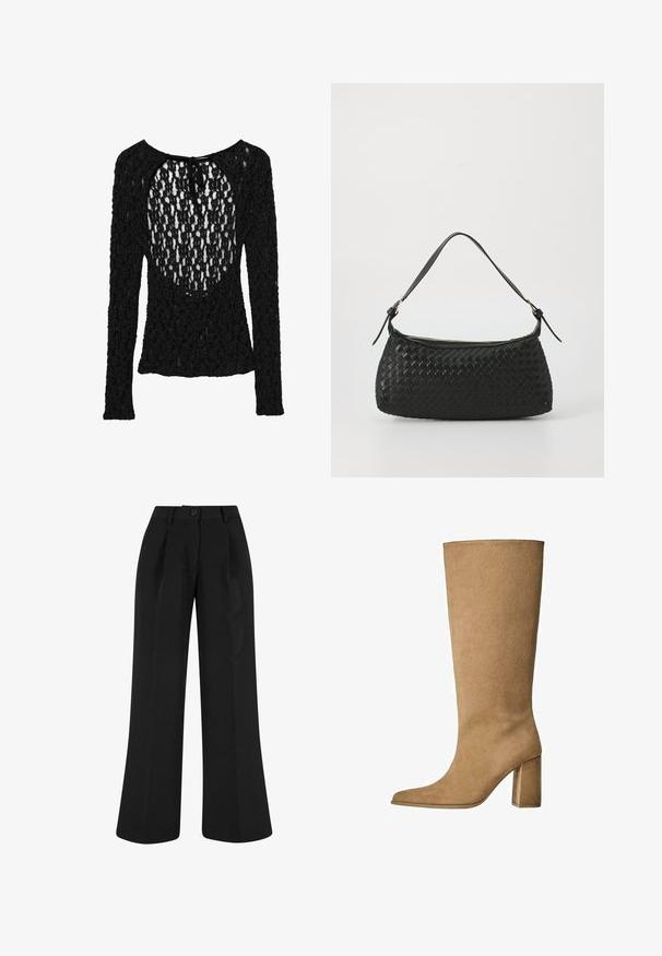 Fekete, hosszú ujjú felső, texturált, nyitott kötésű dizájnnal, széles kerek nyakkivágással és hátsó megkötő záródással.; Fekete, bő lábú nadrág, elülső redőkkel, sima anyagból készült. Gombos záródással és szabott dizájnnal rendelkezik.; Barna nubuk térd fölé érő csizma, blokk sarkú, hegyes orral és sima textúrával. Minimális dizájn, díszítések nélkül.; Fekete szőtt válltáska sima bőrszíjjal és cipzáros záródással. Texturált felülete és ívelt formája van.