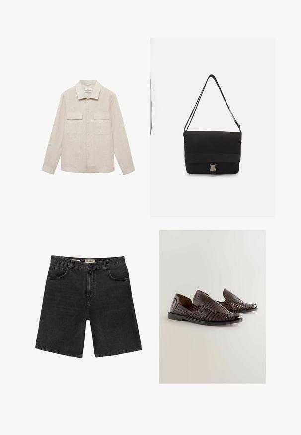 Leinenhemd in hellbeige mit Knopfleiste, spitzem Kragen, zwei Brusttaschen und langen Ärmeln. Der Stoff hat eine strukturierte Oberfläche.; Schwarze Denim-Shorts mit klassischem Schnitt, ausgestattet mit fünf Taschen und einem Knopfverschluss. Texturiert, mit sauberen Abschlüssen und geradem Saum.; Braune, gewebte Leder-Slipper mit offener Zehenpartie, die eine glatte Oberfläche, eine flache Sohle und ein abgerundetes Design für Komfort bieten.; Schwarze Umhängetasche aus glattem Material, mit einem umklappbaren Deckel, silbernem Verschluss und verstellbarem Schultergurt.
