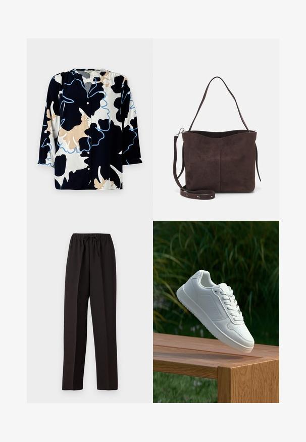 Lillelillaga mustriga pluus tumein navy alusel, millel on beeži ja helesiniseid aktsente, nööbiga esikülg ja kolmeveerandi varrukad.; Mustad mustad püksid, laiad ja elastse vöökoha ning reguleeritava tõmbluku abil. Valmistatud sujuvast, kergekaalulisest kangast ilma nähtavate mustriteta.; Valged sneakerd, millel on sile sünteetiline ülemine osa, väikeste aukudega varvaskast, lamedad paelad ja tekstuuriga tald, eksponeeritud puidust pinnal.; Pruun nubukist kott pehme tekstuuriga, millel on üks õlavarre rihm ja peene kumer ülemine ava. Nähtavaid metallosi pole.