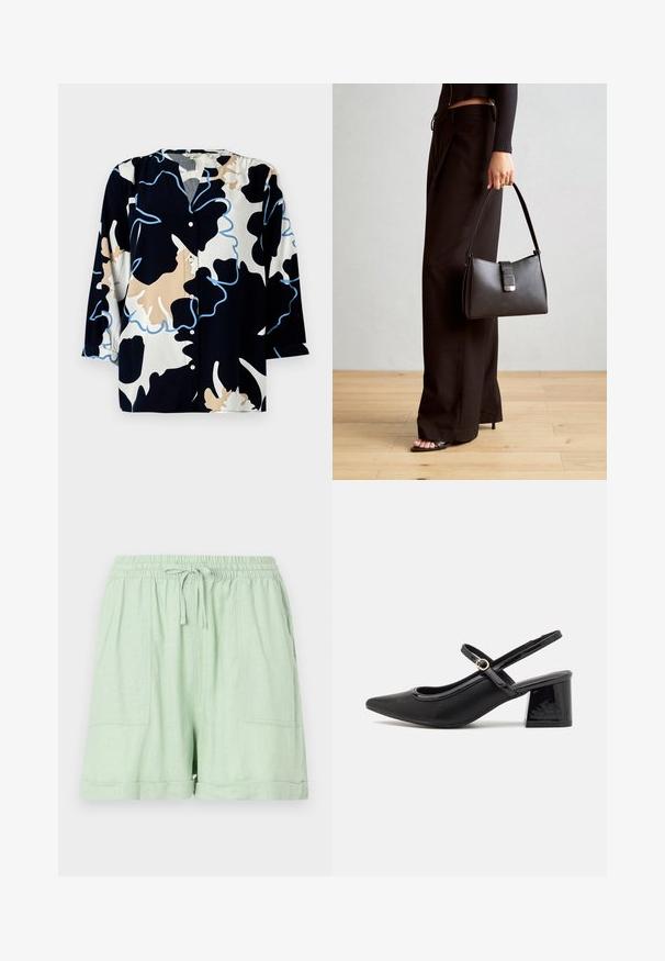 Gėlių rašto bluzonė tamsiai mėlynu pagrindu, su kreminės ir šviesiai mėlynos akcentais, sagų priekyje ir trimis ketvirtadaliais rankovėmis.; Šviesiai žali šortai iš linų mišinio su elastinga juosta, raišteliu ir dviem priekinėmis kišenėmis; turi sukamo krašto detalę.; Juodi patentinio odos slingback aukštakulniai su smailiu pirštu, apvaliu išpjovimu ir blokiniu kulnu. Papuošti auksiniu juostos akcentu.; Juodas rankinė struktūrizuota forma, lygi tekstūra ir metalinis užsegimas. Suporuota su plačiomis juodomis kelnėmis ir atvirais bateliais ant medinių grindų.