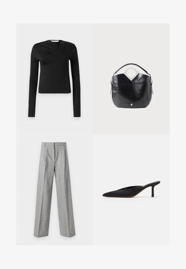 Black long-sleeve top with a wrap design, made of smooth fabric. Features a cropped length and a V-shaped neckline. No patterns or accents.; High-waist gray trousers with vertical pinstripes and wide straight legs, displayed against a white background.; Black pointed-toe mule with a sleek design, made of smooth fabric, featuring a slender heel and open back for easy wear.; Black leather bag with a curved shape, circular top handle, and silver logo detail. Smooth texture and notable cut-out design feature.