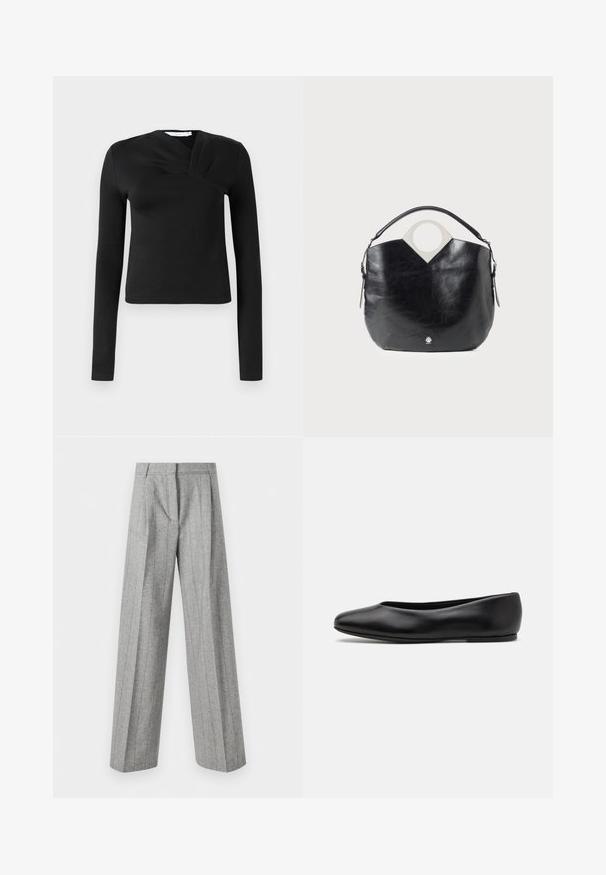 Fekete, hosszú ujjú top, átkötős dizájnnal, sima anyagból készült. Rövidített hossza és V-alakú dekoltázsa van. Nincsenek minták vagy díszítések.; Magas derekú, szürke nadrág függőleges csíkokkal és széles egyenes lábakkal, fehér háttér előtt.; Paul Smith TOPANGA - Balerina cipők - black; Fekete bőr táska ívelt formával, kerek felső fogantyúval és ezüst színű logóval. Simma textúra és figyelemre méltó kivágott dizájn jellemzi.