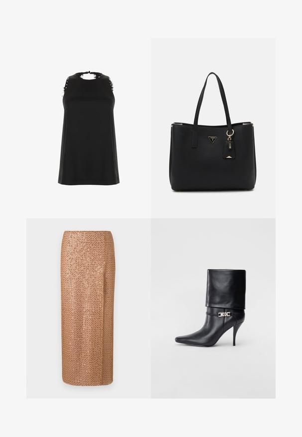 Schwarzes ärmelloses Top mit hohem Ausschnitt, das ausgefranste Spitzenakzente an den Schultern und eine glatte, weiche Textur aufweist.; Perlenverzierte Midi-Rock in blassem Beige mit einem Pailletten-Muster, das eine gerade Silhouette und einen seitlichen Schlitz für Detail und Bewegung aufweist.; Schwarze Leder-Ankle-Boots mit spitzer Zehenpartie, hohen Stiletto-Absätzen, umgeschlagenem Schaft und einem goldenen dekorativen Schnallen-Detail an der Knöchel.; Schwarze Tragetasche aus strukturiertem synthetischem Material, mit zwei Griffen, einem goldenen Logo-Schild und einem kleinen Anhänger mit Akzentdetail.