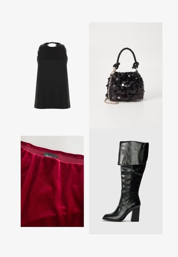 Mustamata ilma varrukat särk kõrge kaelusega, millel on kulunud pitsi aktsendid õlgadel ja sile ning pehme tekstuur.; Punane sametkangas, millel on sile tekstuur, koos kogutud vöökohaga. Brändi silt "NEXT" on nähtav ülemise serva lähedal.; Must nahast põlvekõrgune saabas volditud äärise, terava varba ja plokksaalse kontsaga, esitatud küljelt ühtlasel taustal.; Must have mustrõngus mustal sädelev mini käekotil on sõlme tekstuuriga rihm ja hõbedane ketis. Ümar kuju, kokku kogutud ülaosa ja peegeldav detail.