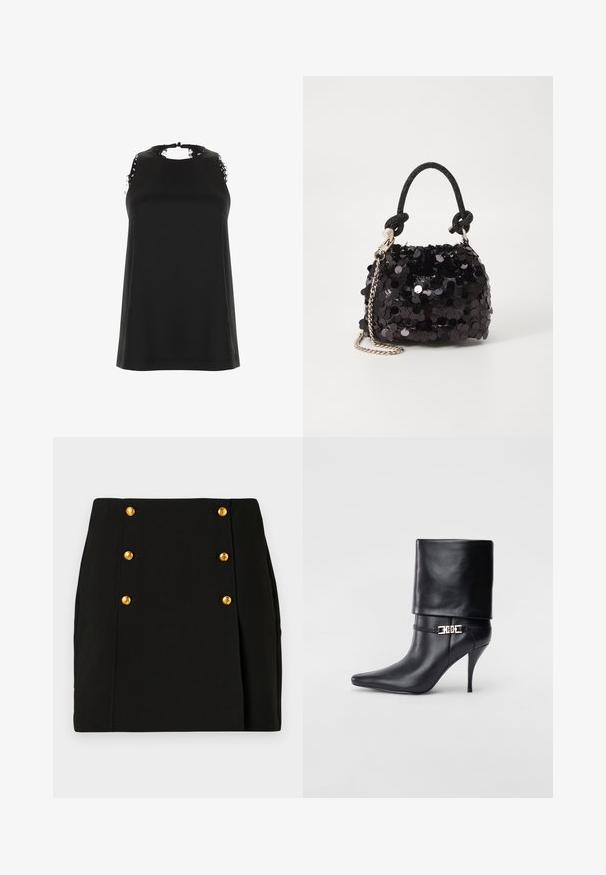 Svart ärmlös topp med hög halsringning, prydd med fransiga spetsdetaljer på axlarna och en slät, mjuk textur.; Svart mini kjol med en figurnära design, med en frampanel som har fyra guldfärgad knappar och en sidofålla. Tillverkad av ett smidigt tyg.; Svart läderankelstövel med spetsig tå, hög stilettklack, vikbar mudd och ett dekorativt guldfärgat spänne på ankeln.; Svart paljett mini-handväska med en knuten texturerad rem och silverkedja. Rund form med samlad topp och reflekterande detaljer.