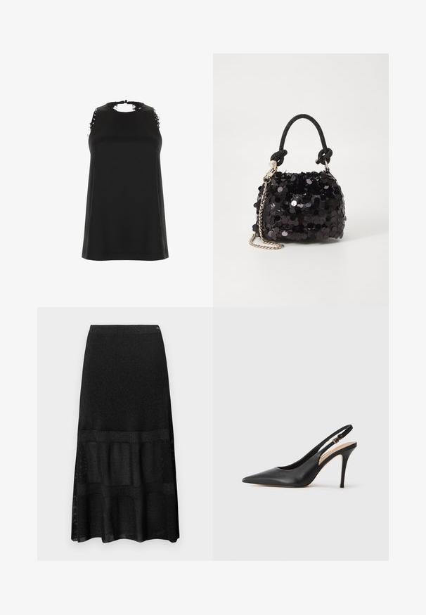 Sort ærmeløs top med høj hals, der har frynset blondeaccent på skuldrene og en glat, blød tekstur.; Sort ribbet striklang nederdel med et struktureret paneldesign, elastisk talje og subtil glans i stoffet.; Sort læder slingback højhælet sko med spids tå, glat tekstur og en delikat rem med en metallisk spænde.; Sort pailette mini håndtaske med en knyttet struktureret rem og sølv kæde. Rund form med samlet top og reflekterende detaljer.