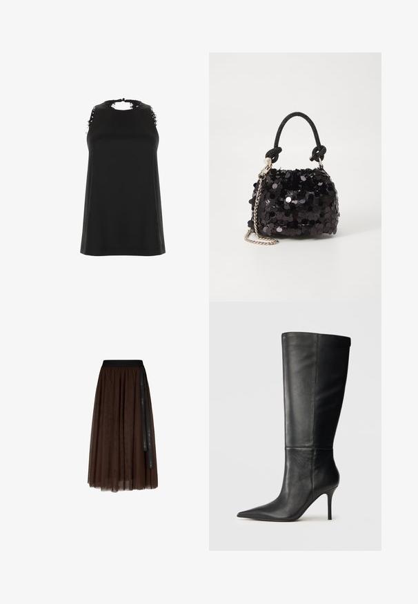 Top noir sans manches avec un col montant, présentant des accents de dentelle effilochée sur les épaules et une texture lisse et douce.; Jupe en tulle midi de couleur marron avec une taille élastique noire et un long ruban noir pendent sur un côté.; Botte noire en cuir, hauteur genou, avec bout pointu et talon aiguille fin, texture lisse, profil latéral sur fond neutre.; Mini sac à main en sequins noirs avec une bandoulière texturée nouée et une chaîne argentée. Forme arrondie avec un haut froncé et des détails réfléchissants.