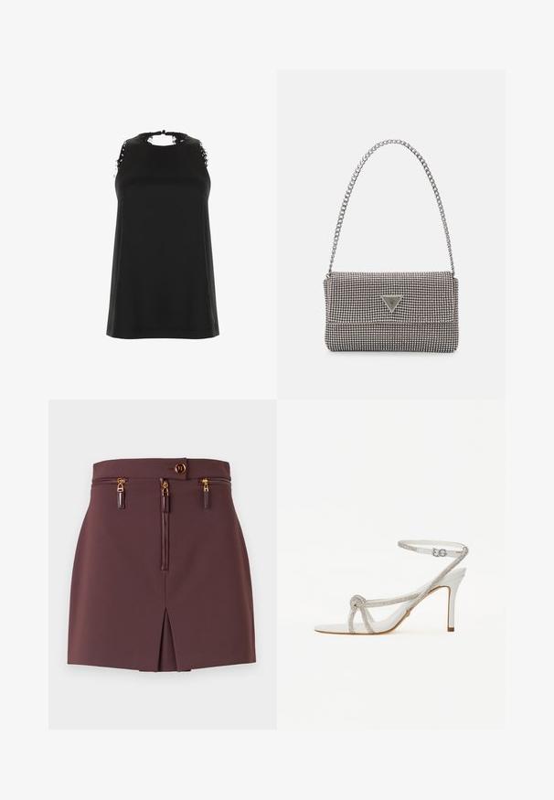 Černý top bez rukávů s vysokým výstřihem, zdobený třepícími se krajkovými akcenty na ramenou a jemnou, hladkou texturou.; Burgundská minisukně s úzkým střihem, která má přední zip, dekorační zipy, rozparek a zapínání na knoflík se zlatými detaily.; Bílé sandály na vysokém podpatku s texturovaným páskem zdobeným rhinestony, otevřená špička a kotníkový pásek s nastavitelnou sponou.; Světle šedá kovová kabelka s řetízkem, zdobená malými kulatými kovovými cvočky a trojúhelníkovým logem značky.