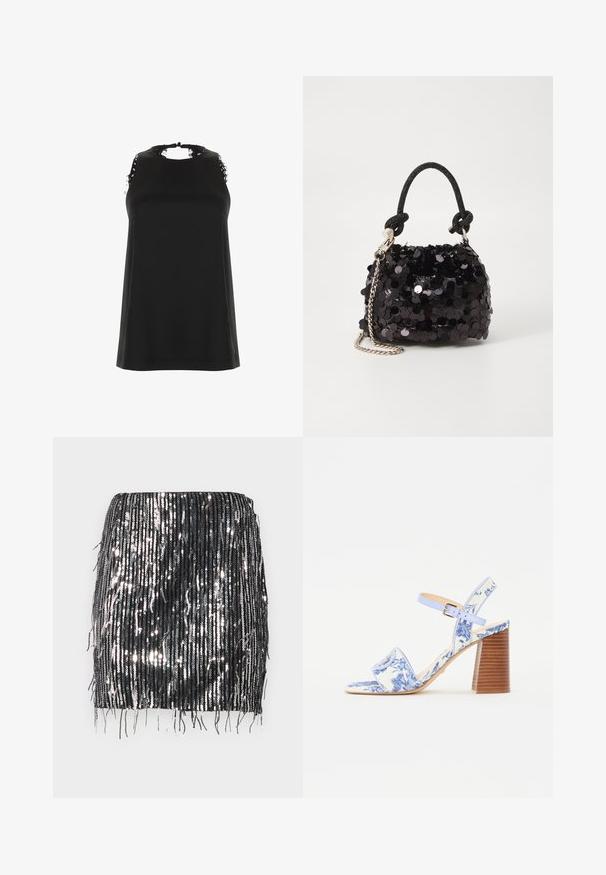 Melnā bez piedurknēm topa ar augstu kakla izgriezumu, kuram ir saplēsta mežģīņu apdare uz pleciem un gluda, mīksta tekstūra.; Melnā spīdīgu sekvīnu mini svārku ar vertikālām frīzu detaļām, spīdīgu faktūru un pieguļošu formu. Apmale ir taisna ar nevienmērīgiem frīzu garumiem.; Zili ziedu raksta sandales ar kvadrātu purngalu, platu siksnu un regulējamu potītes siksnu, kurām ir struktūrēts koka bloks papēdis.; Melna spīguļota mini rokas soma ar mezglotu teksturētu siksniņu un sudraba ķēdi. Apaļa forma ar sakopotām malām un atstarojumu detaļām.