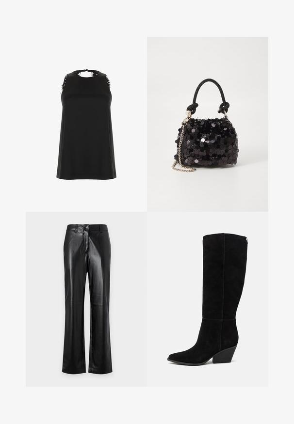 Top noir sans manches avec un col montant, présentant des accents de dentelle effilochée sur les épaules et une texture lisse et douce.; Pantalon en cuir noir avec une coupe droite, présentant une fermeture à bouton sur le devant, des passants de ceinture et une texture lisse et polie.; Guess CALLY - Bottes de cowboy / motard - black; Mini sac à main en sequins noirs avec une bandoulière texturée nouée et une chaîne argentée. Forme arrondie avec un haut froncé et des détails réfléchissants.