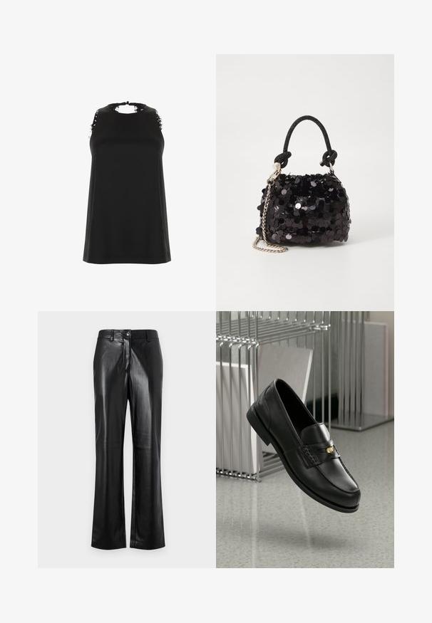 Czarny bezrękawnik z wysokim dekoltem, z postrzępionymi koronkowymi akcentami na ramionach oraz gładką, miękką teksturą.; Czarne skórzane spodnie o prostym kroju nogawki, z zapięciem na guzik z przodu, szlufkami na pasek oraz gładką, wypolerowaną fakturą.; Czarne skórzane mokasyny o gładkim wykończeniu, z ozdobnym paskiem i małym złotym akcentem. Podeszwa jest płaska, a czubek zaokrąglony.; Czarna mini torebka z cekinami, z węzłowym, teksturowanym paskiem i srebrnym łańcuchem. O zaokrąglonym kształcie z marszczoną górą i refleksyjnymi detalami.