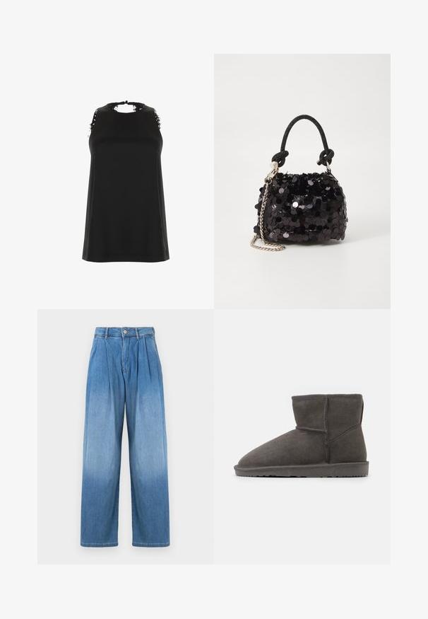 Melnā bez piedurknēm topa ar augstu kakla izgriezumu, kuram ir saplēsta mežģīņu apdare uz pleciem un gluda, mīksta tekstūra.; Gaiši zili denim bikses ar augstu jostasvietu, brīvu plašu piegriezumu un priekšējo krokām. Iekļauj poga un rāvējslēdzēju.; Pelēki zamšādi potītes zābaciņi ar noapaļotu purngalu un mīkstu iekšējo oderi. Ievērojams ar zemu gumijas zoli un minimālām šuvju detaļām.; Melna spīguļota mini rokas soma ar mezglotu teksturētu siksniņu un sudraba ķēdi. Apaļa forma ar sakopotām malām un atstarojumu detaļām.