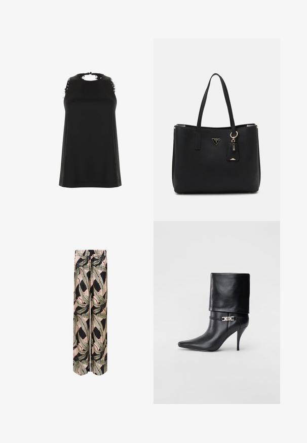 Zwarte mouwloze top met een hoge halslijn, met rafelige kantaccenten op de schouders en een gladde, zachte textuur.; Palazzo-broek met een zwarte basis en een gedurfde bladerenpatroon in groen, beige en rood, met een elastische tailleband voor extra comfort.; Zwarte leren enkelboot met een spitse neus, hoge stilettohak, opgevouwen manchet en een gouden decoratieve gespdetails op de enkel.; Zwarte tote bag van gestructureerd synthetisch materiaal, met twee handvatten, een gouden logo plaatje en een klein label met accentdetail.