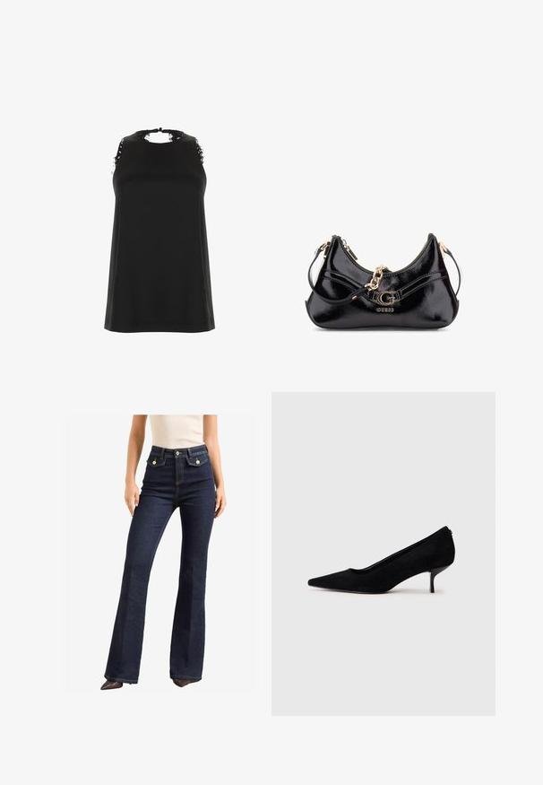 Top negru fără mâneci, cu un guler înalt, având accente de dantelă desfăcută pe umeri și o textură netedă, moale.; Jeans negri închis, cu talie înaltă și design cu picioare evazate. Prezintă două buzunare frontale cu detalii aurii și cusături contrastante. Textură netedă.; Pantofii cu toc înalt din suede negru, cu vârf ascuțit și un toc subțire, jos. Textură netedă, cu un design elegant, fără hardware vizibil.; Geantă din piele patent neagră cu un design curbat, accente de hardwear aurii și un logo proeminent. Include o curea de umăr detașabilă.