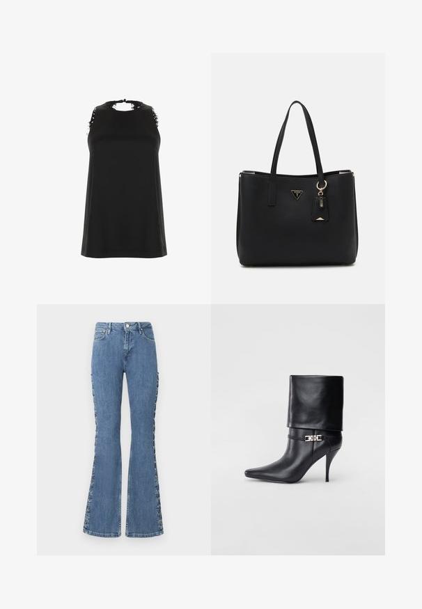 Top negro sin mangas con un alto escote, que presenta detalles de encaje deshilachado en los hombros y una textura suave y agradable.; Vaqueros de mezclilla azul de tiro alto y acampanados, con detalle de cordones decorativos a lo largo de los lados y un diseño clásico de cinco bolsillos.; Botín de cuero negro hasta el tobillo con punta afilada, tacón alto de aguja, puño doblado y un detalle decorativo de hebilla dorada en el tobillo.; Bolso tote negro hecho de material sintético texturizado, con dos asas, una placa de logo dorada y una pequeña etiqueta con un detalle de acento.