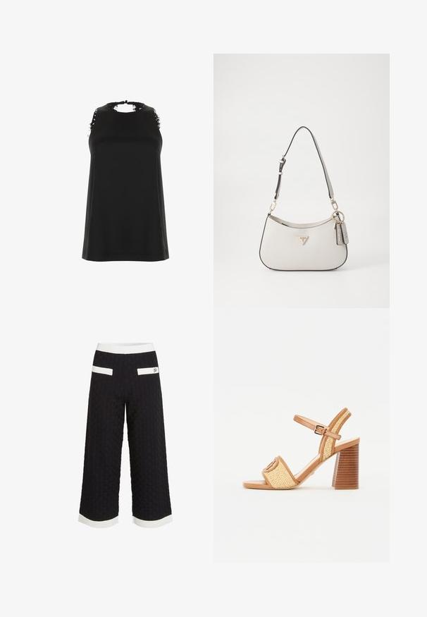 Čierny bezrukávový top s vysokým výstrihom, s roztrhnutými čipkovými akcentmi na pleciach a hladkým, jemným materiálom.; Čierne skrátené nohavice s textúrovaným, tkaným vzorom. Majú biele akcentové pruhy v páse a na lemoch, plus dva zadné vrecká.; Hnedé kožené a tkané slamenné sandále na podpätku, s pásikom okolo členka, otvorenou špičkou a robustným dreveným podpätkom so horizontálnymi pruhmi.; Biely textúrovaný kabelka s zakriveným tvarom, zlatým kovaním, odnímateľným popruhom a akcentom loga. Obsahuje pripevnenú značkovú tag.