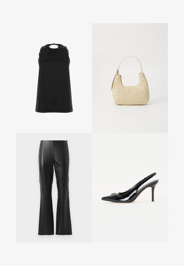 Sort ærmeløs top med høj hals, der har frynset blondeaccent på skuldrene og en glat, blød tekstur.; Sorte højtaljede bukser i kunstlæder med udsyede ben og syninger foran, præsenteret mod en simpel hvid baggrund.; Sorte patenterede læderslingback hæle med spids tå, slank stiletto-hæl og dekorativ pynt på vampen.; Vævet stråhåndtaske i beige med en buet form, en kort håndtag og en sidelomme med lynlås. Har tekstureret overflade og minimalistisk design.