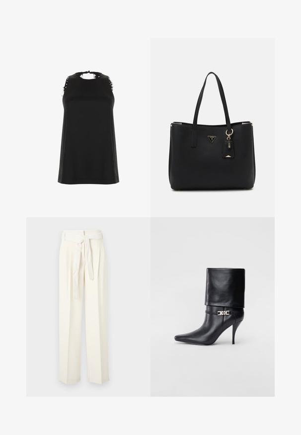 Mustamata ilma varrukat särk kõrge kaelusega, millel on kulunud pitsi aktsendid õlgadel ja sile ning pehme tekstuur.; Kreemivärvi laiad püksid vööga. Valmistatud pehmest kangast, millel on voldid ja sile tekstuur ilma mustriteta.; Mustad nahast pahkluu saapad terava nina, kõrge stilettokanna, volditud äärega ja kuldse dekoratiivse pandlaga pahkluul.; Musthave mustkott, mis on valmistatud tekstuuriga sünteetilisest materjalist, kahes käepidemes, millel on kuldne logo plaat ja väike märgistus koos aksendiga.