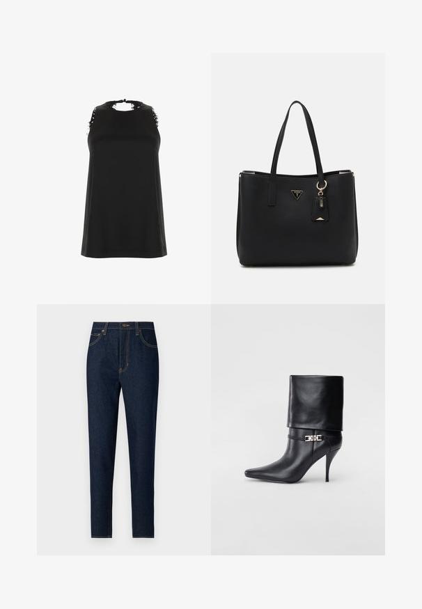 Black sleeveless top with a high neckline, featuring frayed lace accents on the shoulders and a smooth, soft texture.; Dark denim jeans with a straight leg design. Features front pockets, back pockets, and contrasting yellow stitching. Classic button closure.; Black leather ankle boot with a pointed toe, high stiletto heel, fold-over cuff, and a gold decorative buckle detail on the ankle.; Black tote bag made of textured synthetic material, featuring two handles, a gold logo plaque, and a small tag with an accent detail.