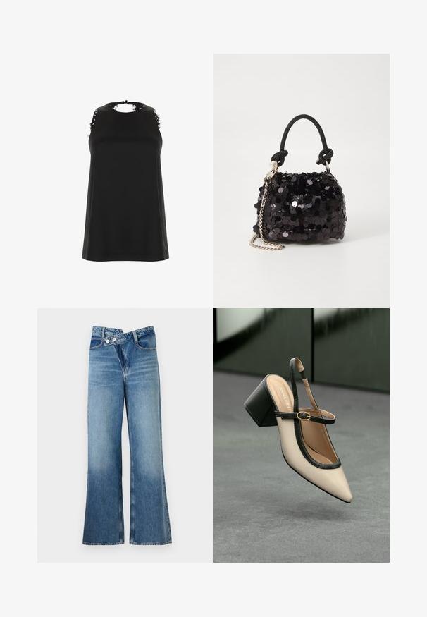 Črna brezrokavnica z visokim ovratnikom, ki vključuje raztrgane čipkaste detajle na rameni in gladko, mehak material.; Svijetloplave traperice s flared krojem i visokim strukom, koje se zatvaraju s dva gumba i imaju prednje džepove. Tkanina ima izblijedjeli izgled s suptilnim varijacijama.; Bež visoka petka z odprtim zadnjim delom, koničastim sprednjim delom, črnim robom in zaponko. Gladek material z mat zaključkom, srednje debela petka.; Črna mini torbica s palčkami iz bleščic, z vozlanim teksturiranim trakom in srebrnima verigama. Okrogla oblika z nabranim vrhom in odsevnimi detajli.