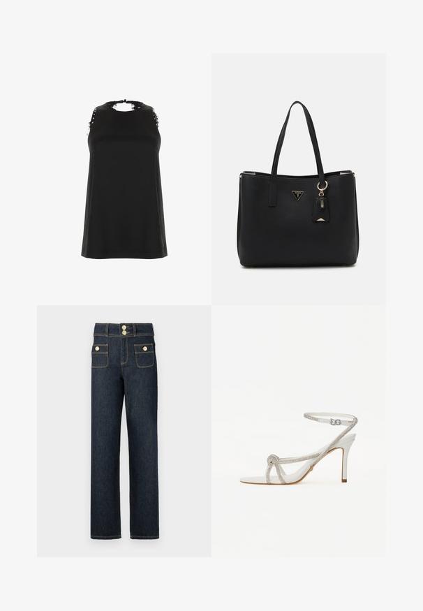 Crni bezrukavi top s visokim izrezom, s izabranim čipkastim detaljima na ramenima i glatkom, mekanom teksturom.; Tamno plave traperice s dizajnom ravnih nogavica, dva prednja džepa, zlatnim detaljima i kontrastnim šavovima.; Bijela sandala s visokom petom i teksturiranim remenom ukrašenim rhinestones, otvorenog prsta, s remenom oko gležnja i podesivom kopčom.; Crna torba od teksturiranog sintetičkog materijala, s dva ručka, zlatnom oznakom i malom oznakom s detaljima u boji.