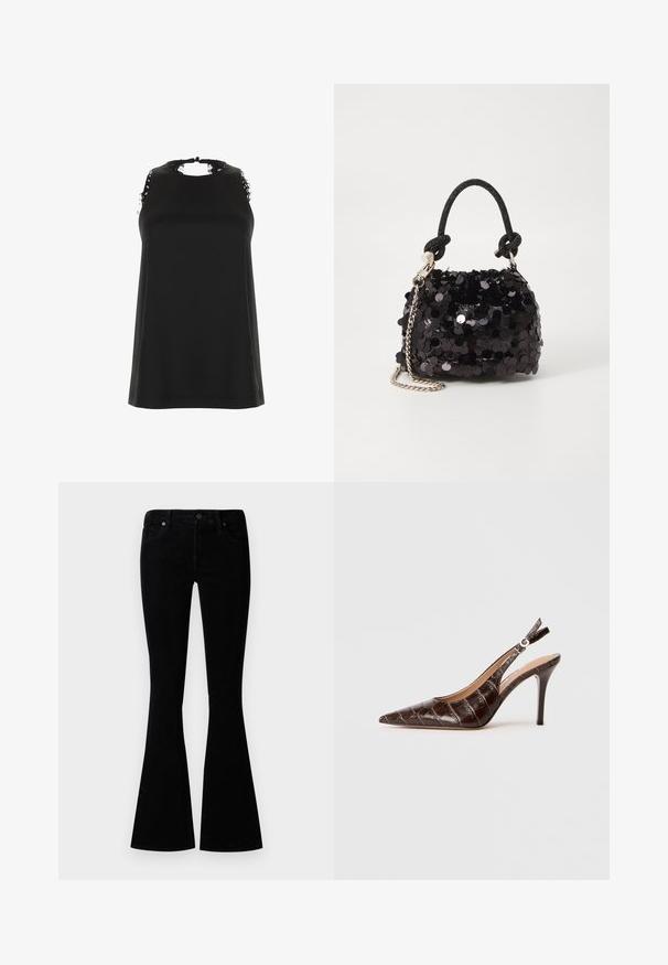 Top noir sans manches avec un col montant, présentant des accents de dentelle effilochée sur les épaules et une texture lisse et douce.; Jeans évasés noirs en tissu denim, avec une taille mi-haute, cinq poches et une fermeture à bouton en métal pour un détail supplémentaire.; Escarpin slingback en cuir marron embossé croco, avec un bout pointu, des côtés ouverts et un fin talon haut. Conçu avec un système de réglage à boucle.; Mini sac à main en sequins noirs avec une bandoulière texturée nouée et une chaîne argentée. Forme arrondie avec un haut froncé et des détails réfléchissants.