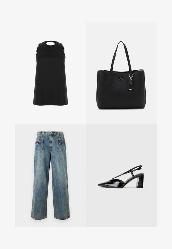 Mustamata ilma varrukat särk kõrge kaelusega, millel on kulunud pitsi aktsendid õlgadel ja sile ning pehme tekstuur.; Heledad sinine denimist larghinguga püksid kõrge vöökohaga, viie tasku, nähtava õmbluse ja veidi pleekinud tekstuuriga.; Mustadast mustast lakknahast kõrge kontsaga kingad, millel on terav varvas, reguleeritav rihm ja jäme ristkülikuline konts.; Musthave mustkott, mis on valmistatud tekstuuriga sünteetilisest materjalist, kahes käepidemes, millel on kuldne logo plaat ja väike märgistus koos aksendiga.