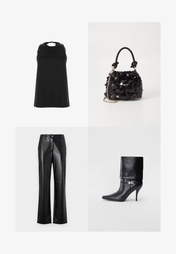 Mustat hihattomat paikat korkean kaula-aukon kanssa, joissa on rispaantuneet pitsikoristeet hartioilla ja sileä, pehmeä tekstuuri.; Mustat nahkahousut suoranlahkeisella muotoilulla, joissa on edessä nappikiinnitys, vyölenkit ja sileä, kiiltävä pinta.; Musta nahkasaapas nilkkapituudella, teräväkärkinen, korkea stiletto-korko, käännettävä varsi ja kultainen koristeellinen solki nilkassa.; Mustan paljetti-minilaukku, jossa on solmittu teksturoidu hihna ja hopeaketju. Pyöreä muoto, joissa on rypistetty yläosa ja heijastava yksityiskohta.
